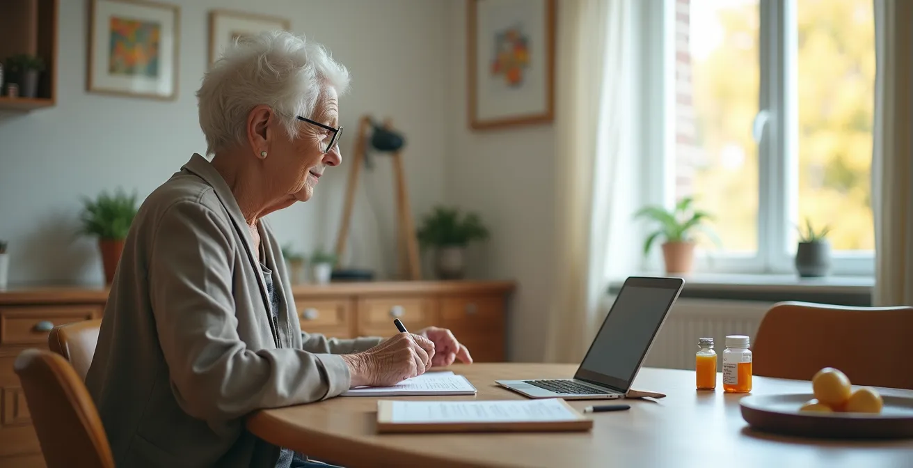 Mujer mayor preparada para videoconsulta con tablet sobre soporte estable en mesa iluminada
