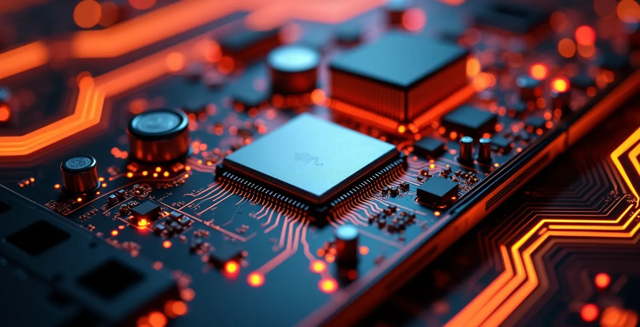 Vista macro de circuitos de teléfono con patrones de energía fluyendo