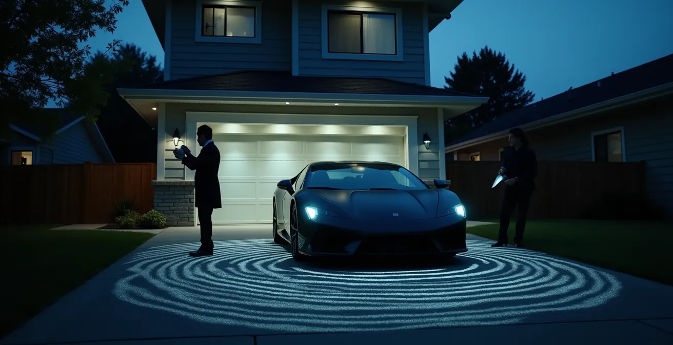 Demostración visual de un ataque de retransmisión con ondas de señal entre casa y vehículo