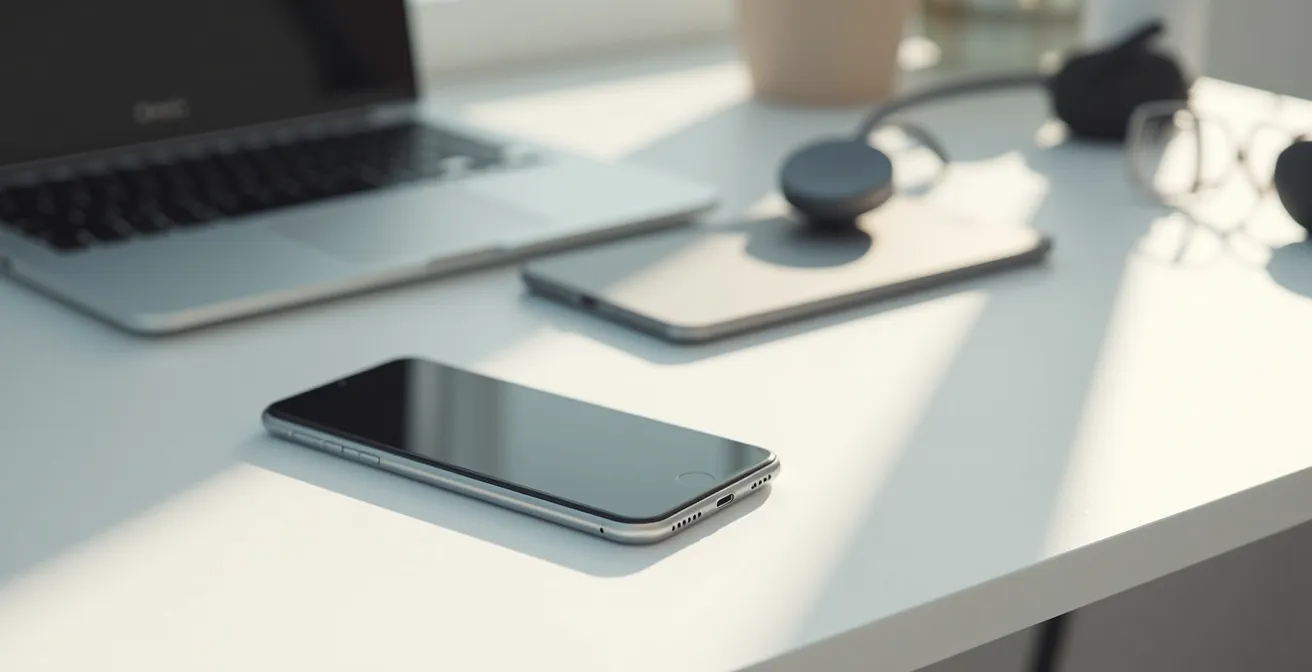 Auriculares inalámbricos entre laptop y smartphone sobre escritorio minimalista