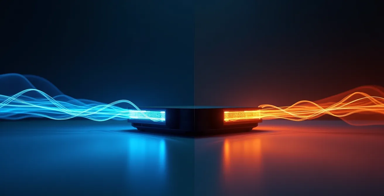 Comparación visual entre conexión por cable Ethernet y WiFi mostrando diferencias de rendimiento