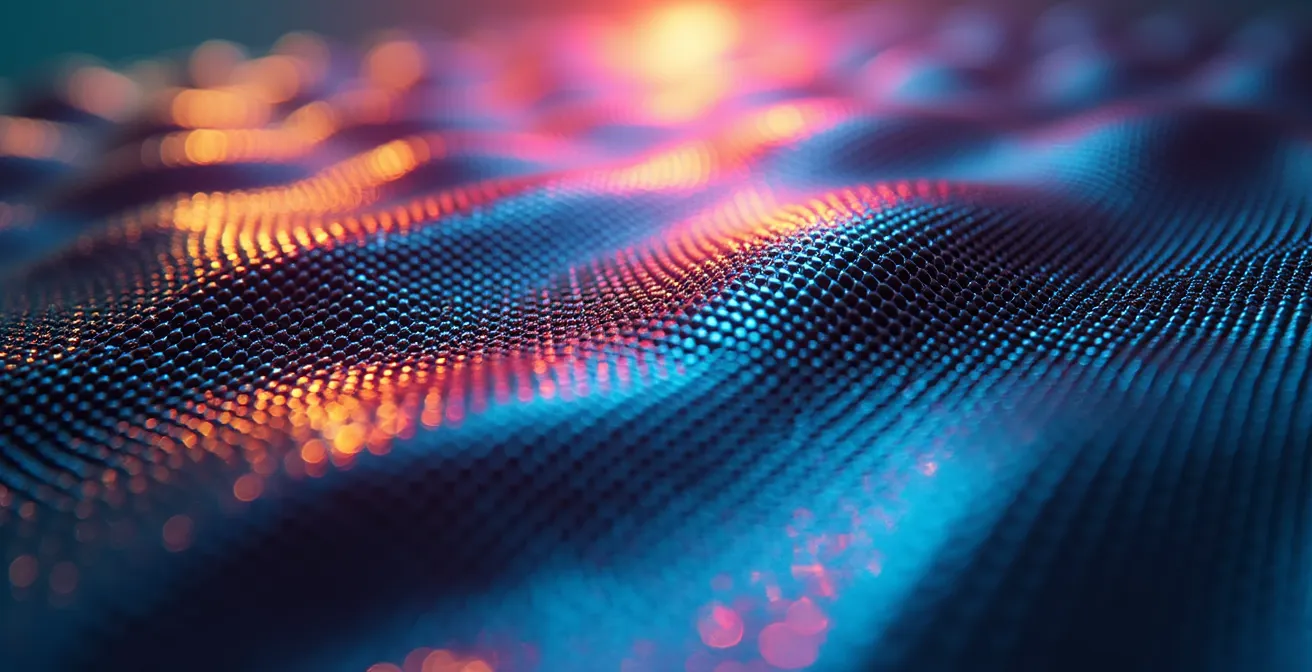 Vista macro de la superficie de una pantalla OLED mostrando píxeles iluminados en patrones ondulantes