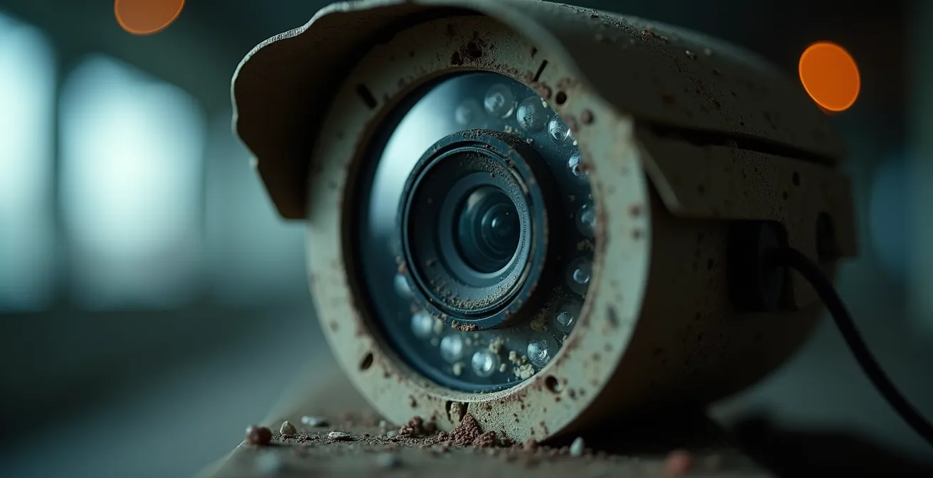 Cámaras de seguridad antiguas con signos de desgaste y abandono digital