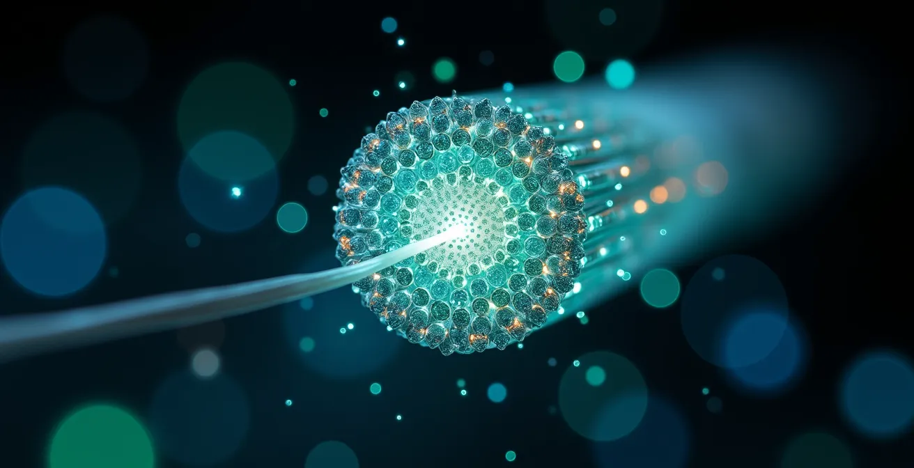 Vista macro de fibra óptica con luz transmitiendo datos a alta velocidad