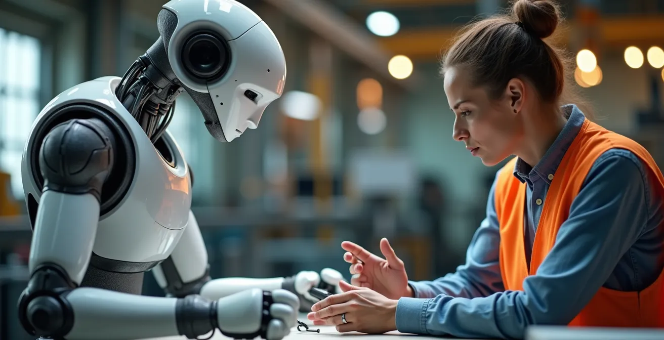 Robot colaborativo trabajando junto a operario sin jaulas de seguridad