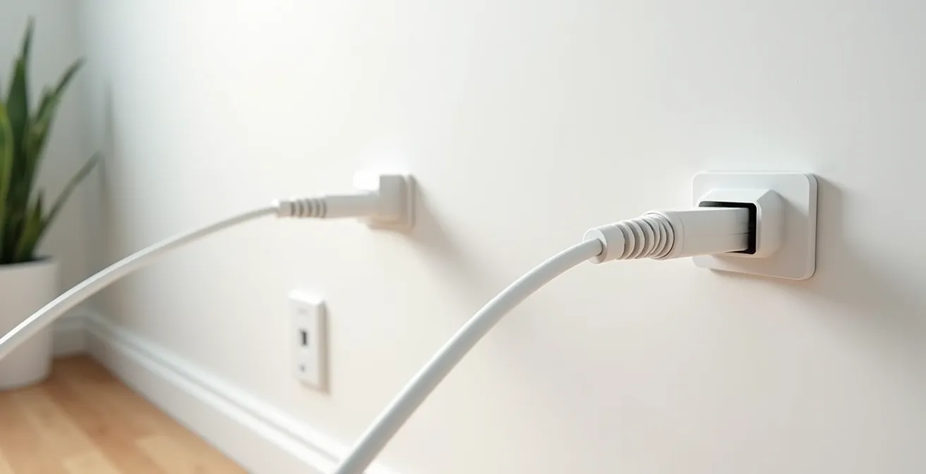 Vista comparativa de cables de fibra plástica y ethernet en instalación doméstica