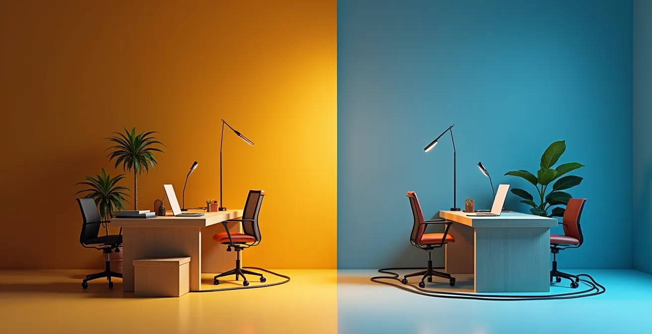 Representación visual abstracta de dos ecosistemas digitales de trabajo, uno cerrado y otro abierto.