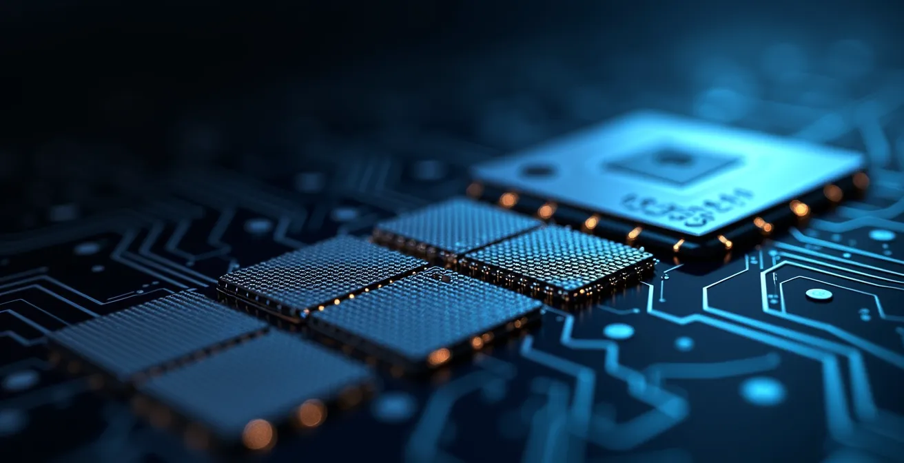 Vista macro de chips de procesador con diferentes tamaños mostrando escala de nanómetros mediante cristales de silicio