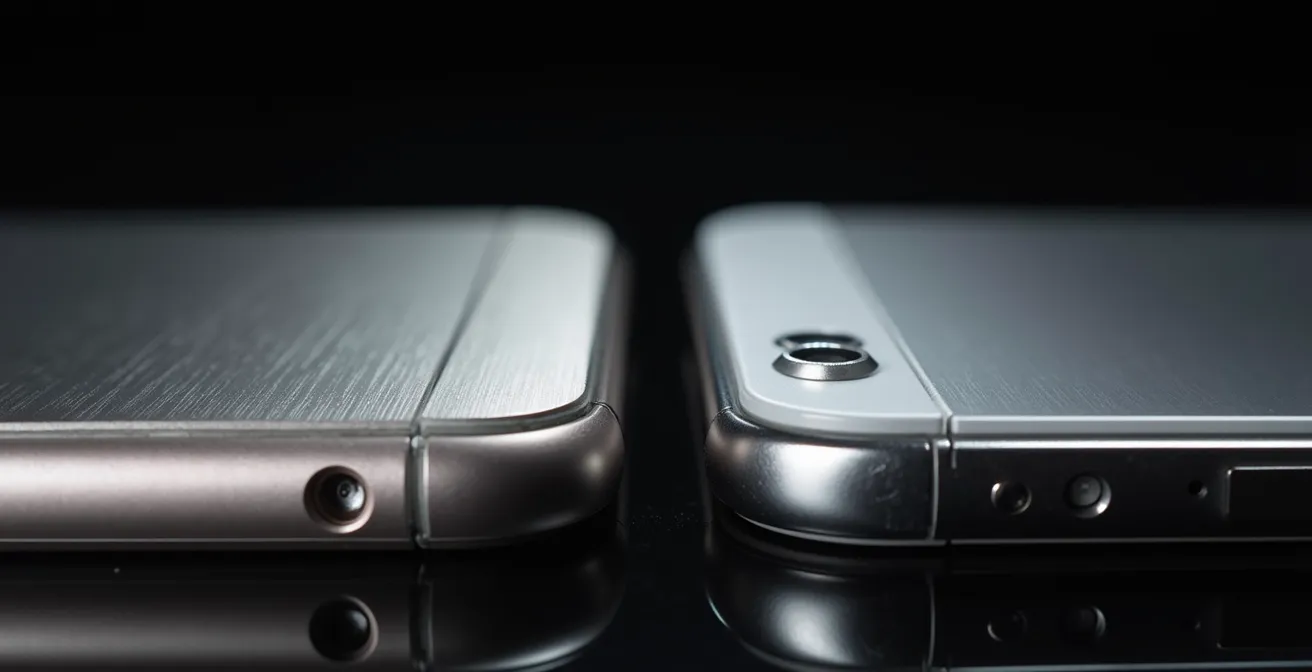 Vista macro de los marcos de titanio y aluminio en smartphones premium después de impacto