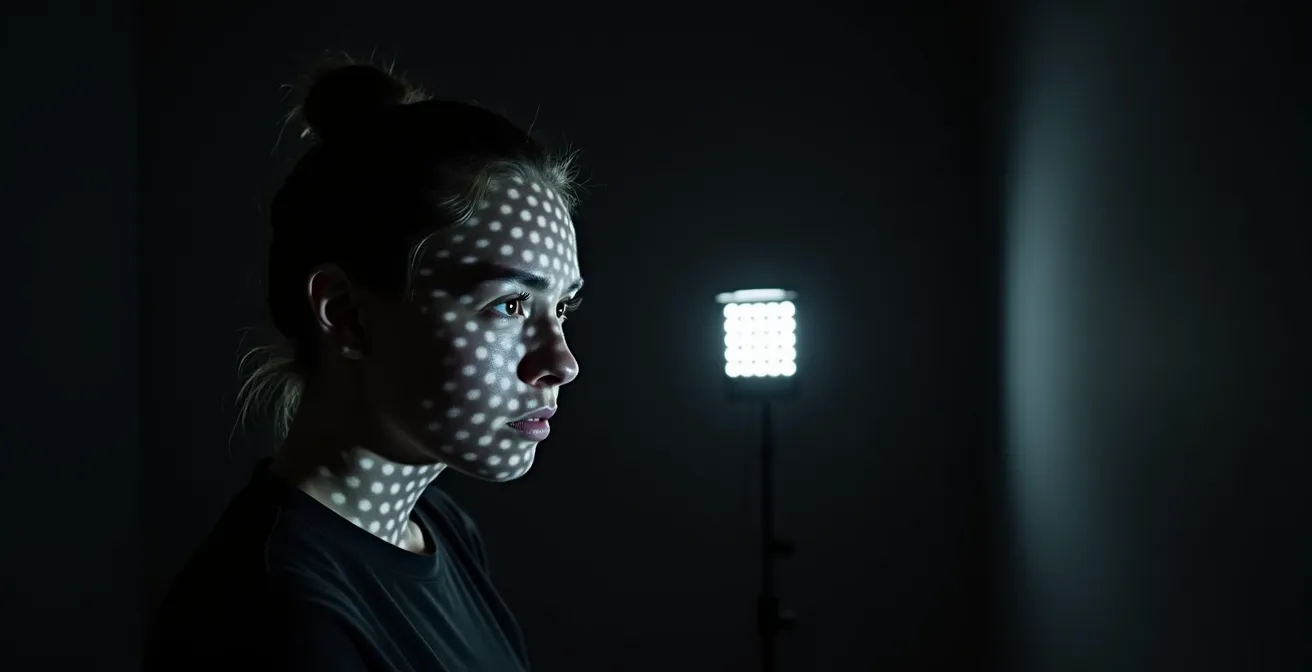 Comparación visual entre tecnología infrarroja y flash de pantalla para reconocimiento facial nocturno