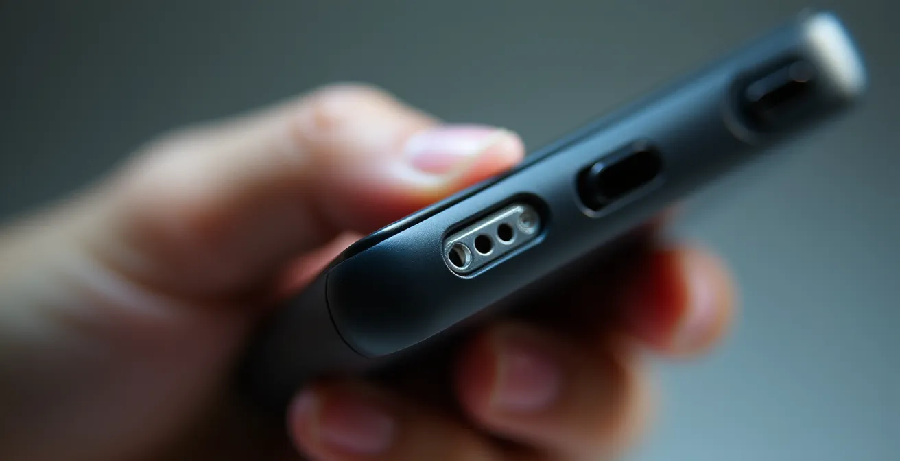 Mano sosteniendo smartphone mostrando configuración de audio avanzada