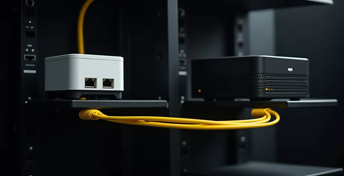 Instalación profesional de ONT y router separados en rack doméstico