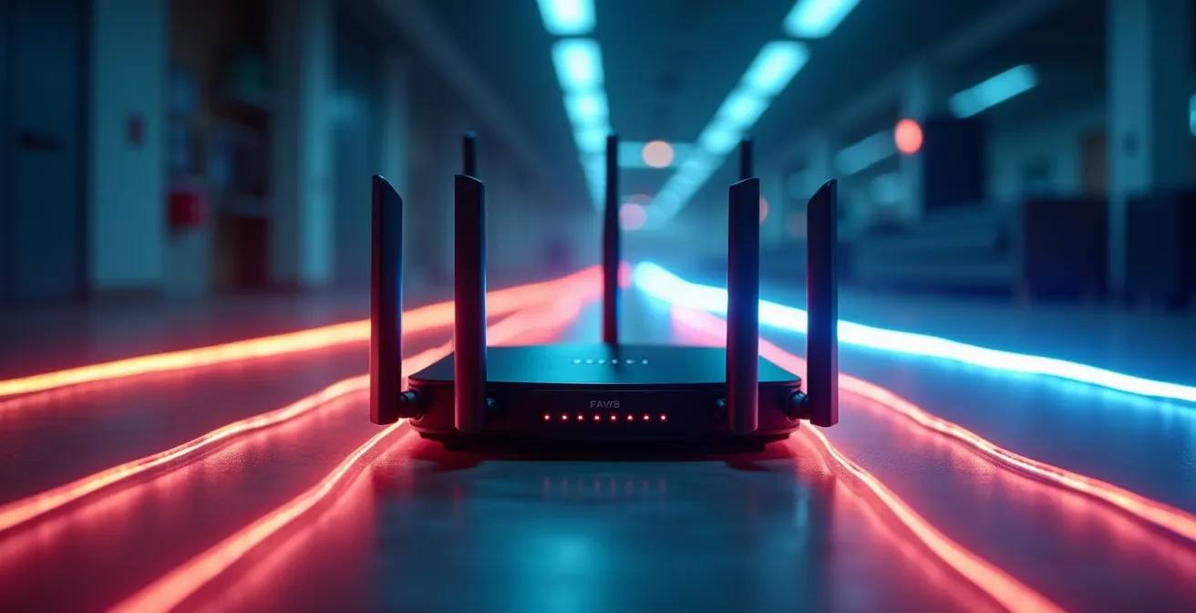 Router moderno con múltiples antenas y flujos de datos visualizados como ondas estables