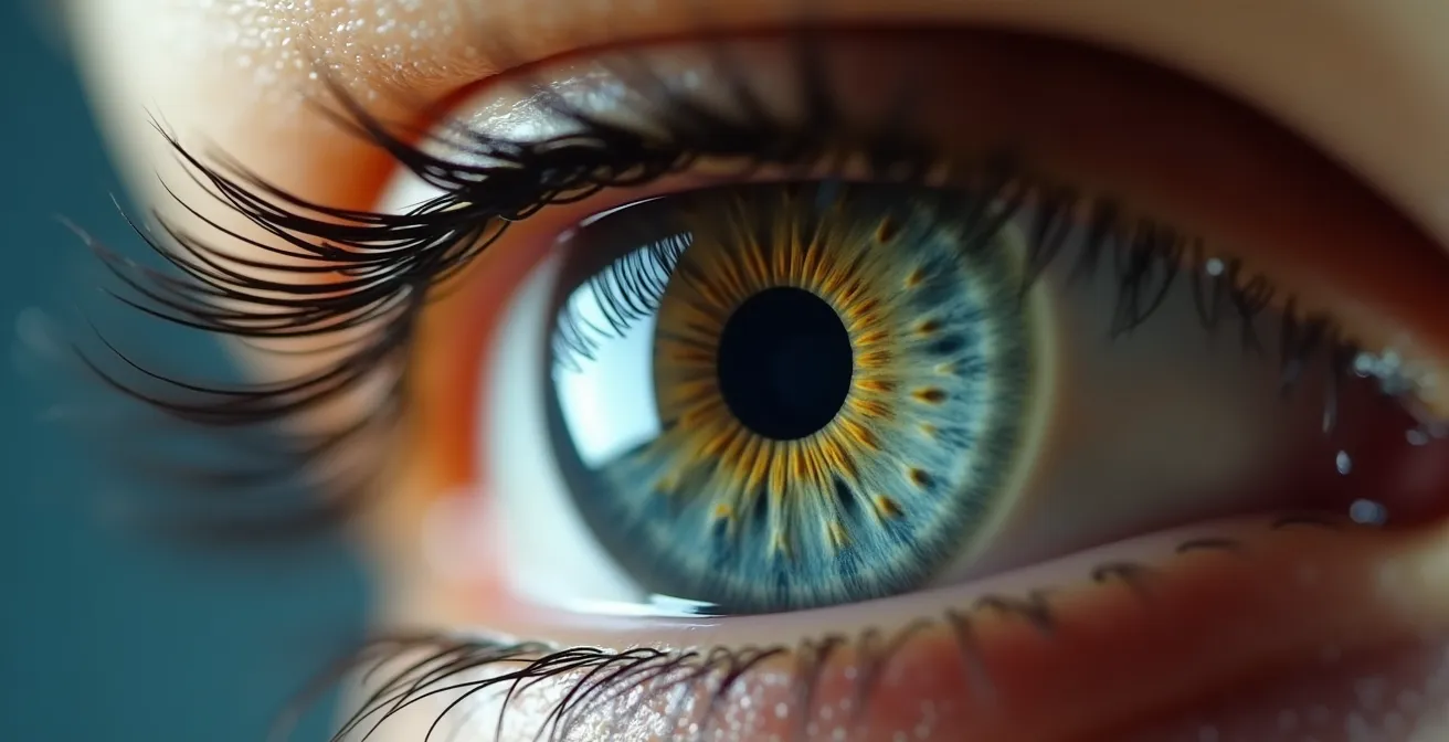 Primer plano macro de ojo humano mostrando músculos ciliares y cristalino en tensión