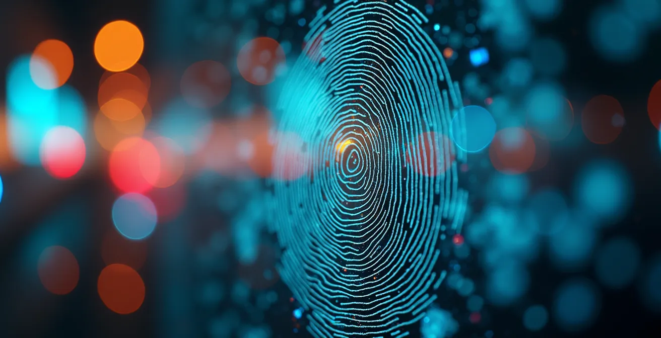 Primer plano macro de huellas dactilares sobre superficie de cristal con reflejos de colores