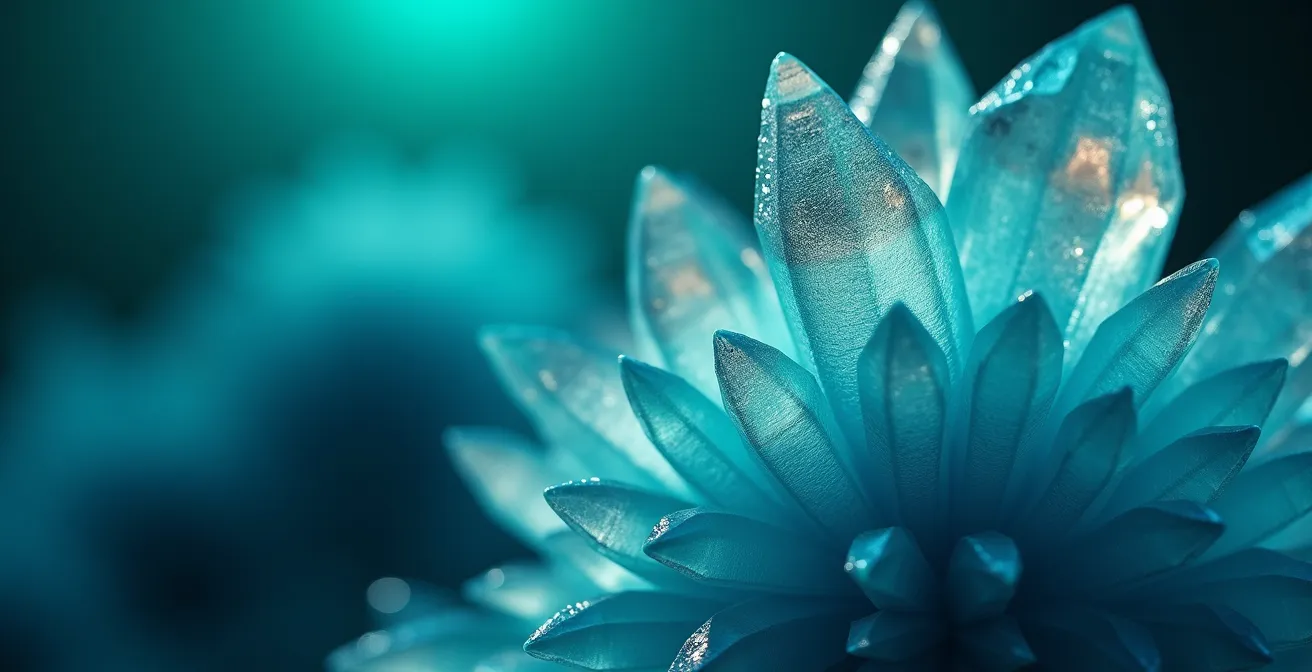 Vista macro de patrones de datos representados como estructuras cristalinas abstractas en tonos azules y verdes