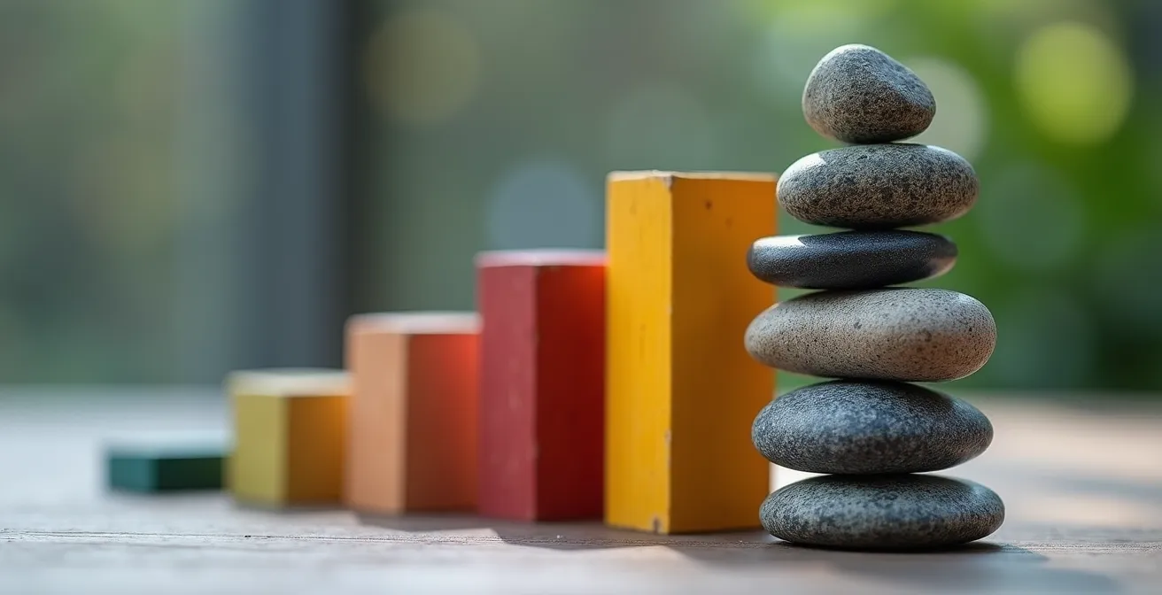 Visualización abstracta de progreso y métricas de equipo con bloques de madera de diferentes alturas.