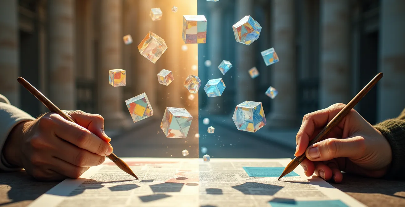 Representación conceptual del debate sobre autoría entre humanos y máquinas en creaciones artísticas