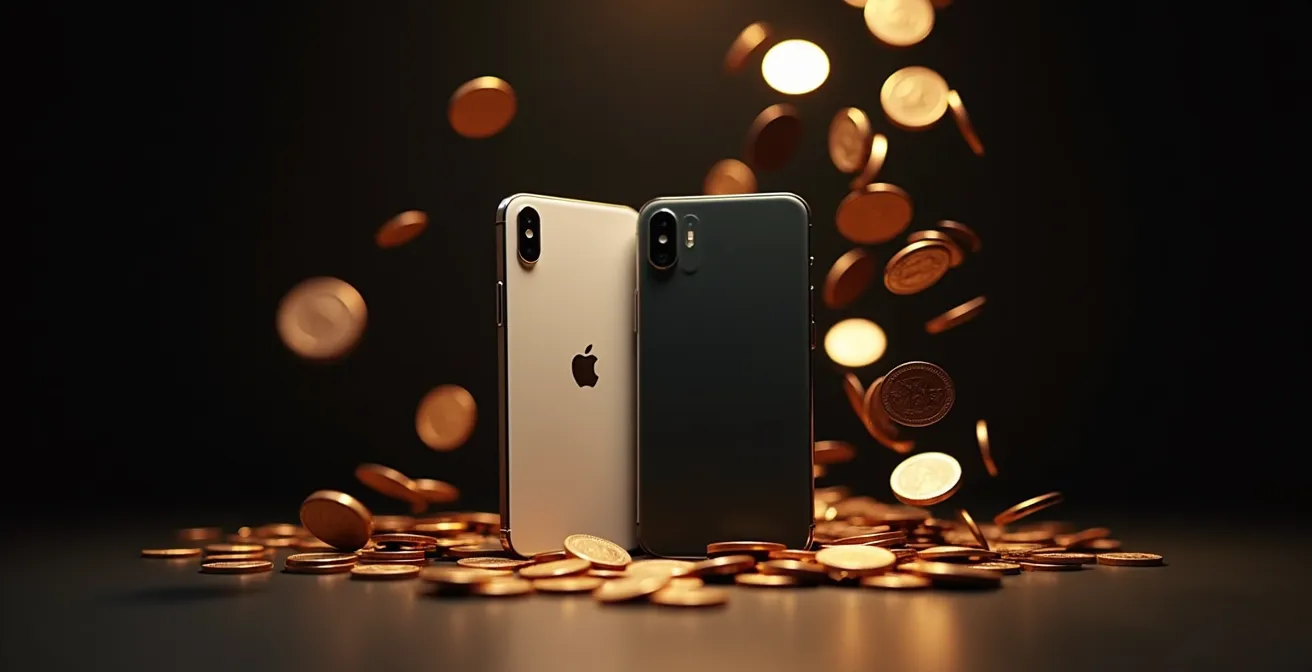 Comparación visual de dos teléfonos con monedas cayendo a diferentes velocidades, representando la depreciación del valor.