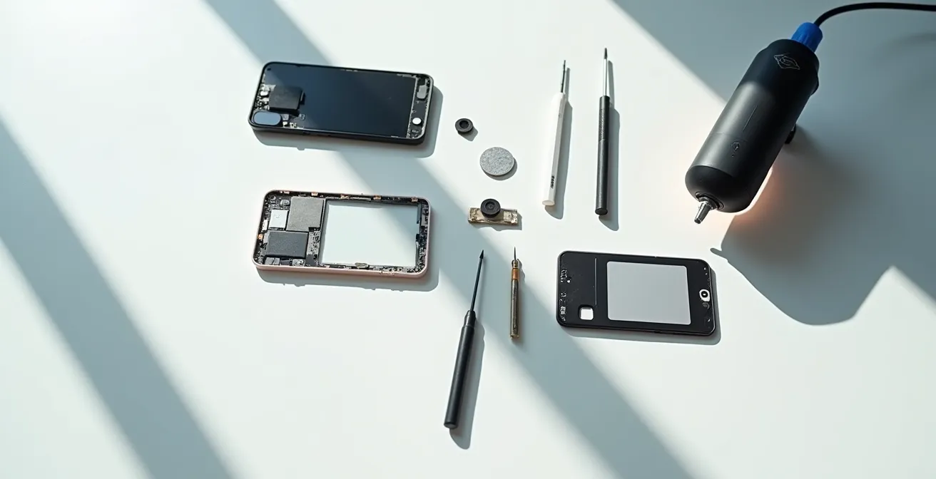 Espacio de trabajo técnico con herramientas especializadas para reparación de móviles premium