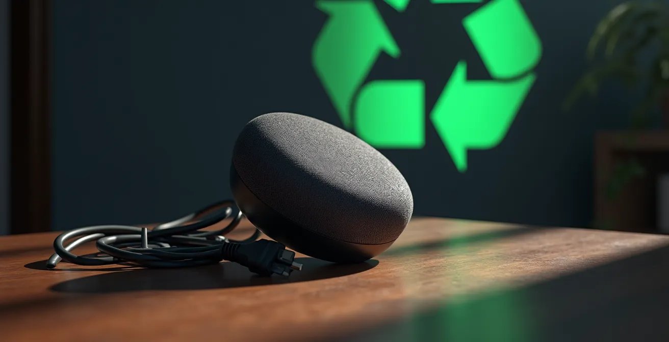 Dispositivo IoT antiguo desenchufado sobre superficie con símbolos de reciclaje electrónico