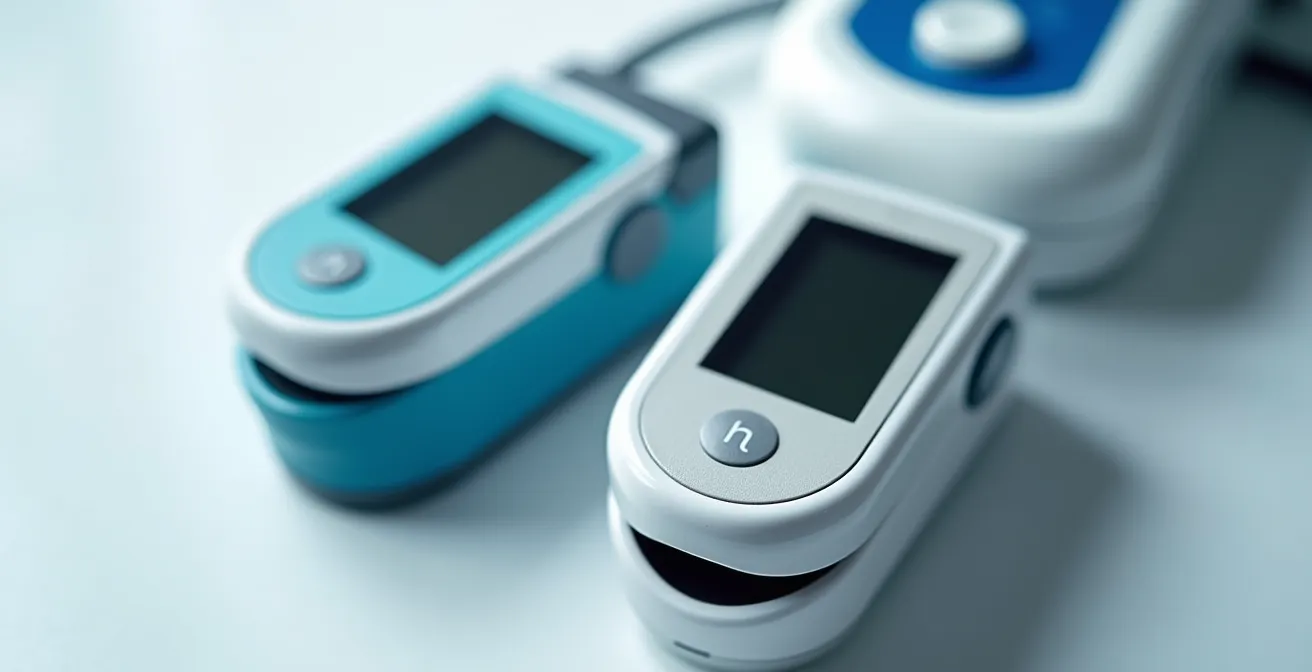 Detalle macro de oxímetro de pulso y tensiómetro digital con certificación CE visible