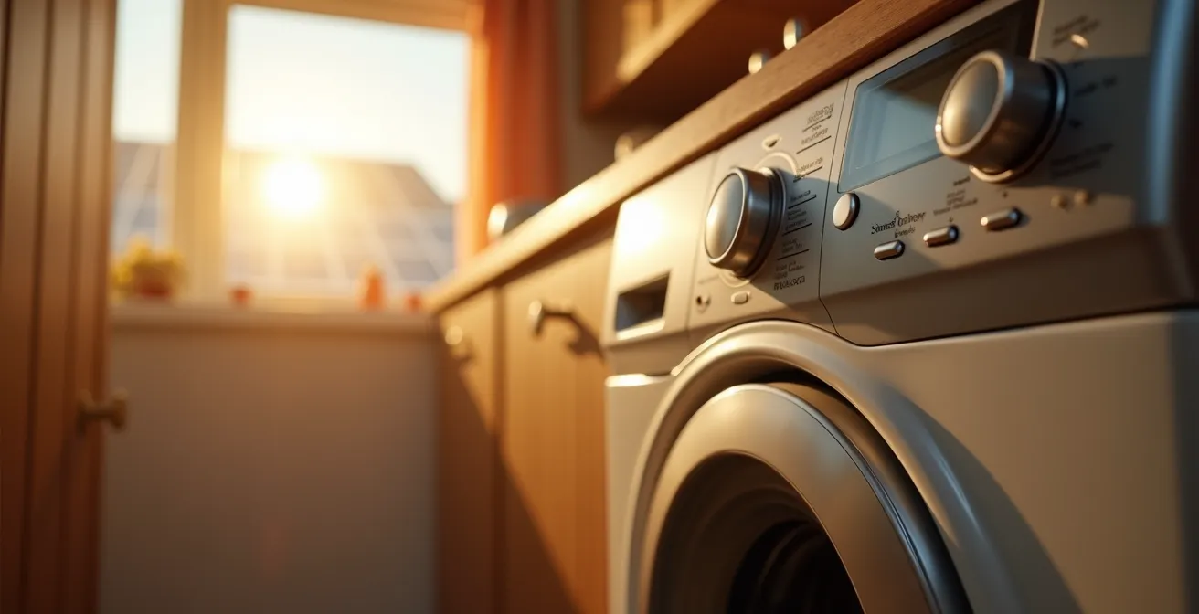 Cocina moderna con lavadora y paneles solares visibles por la ventana, simbolizando el uso de excedente solar.