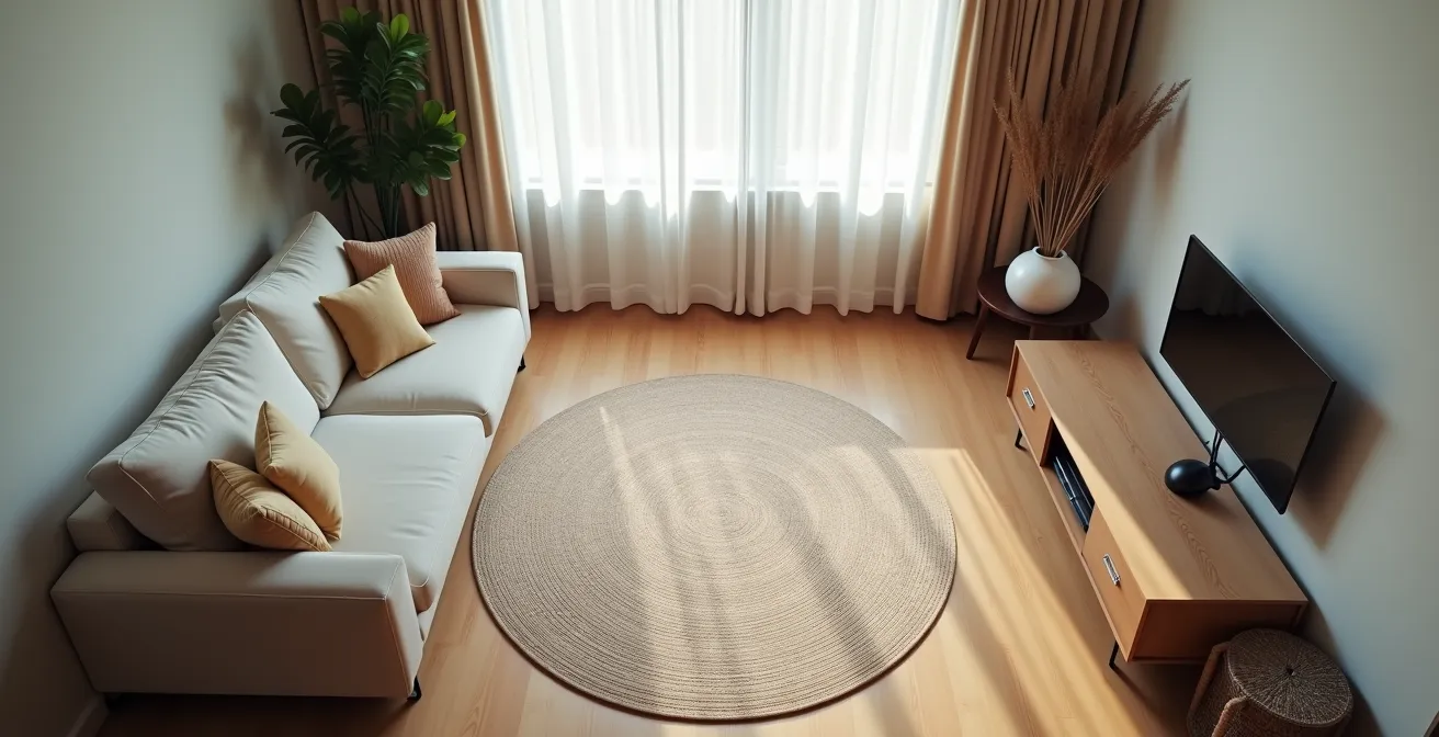 Vista cenital de habitación pequeña con área de juego VR delimitada y técnicas de anclaje físico