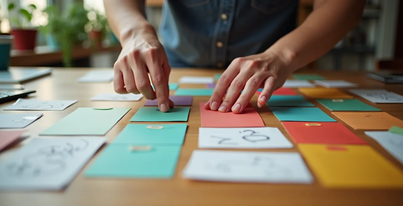 Espacio de trabajo creativo mostrando la organización visual de proyectos con tarjetas de colores.