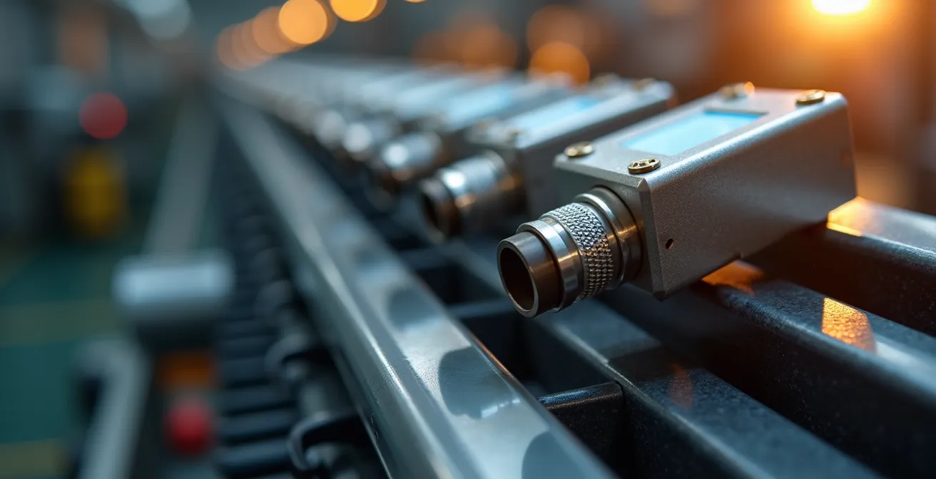 Vista macro de sensores IoT industriales conectados en una línea de producción automatizada con iluminación dramática