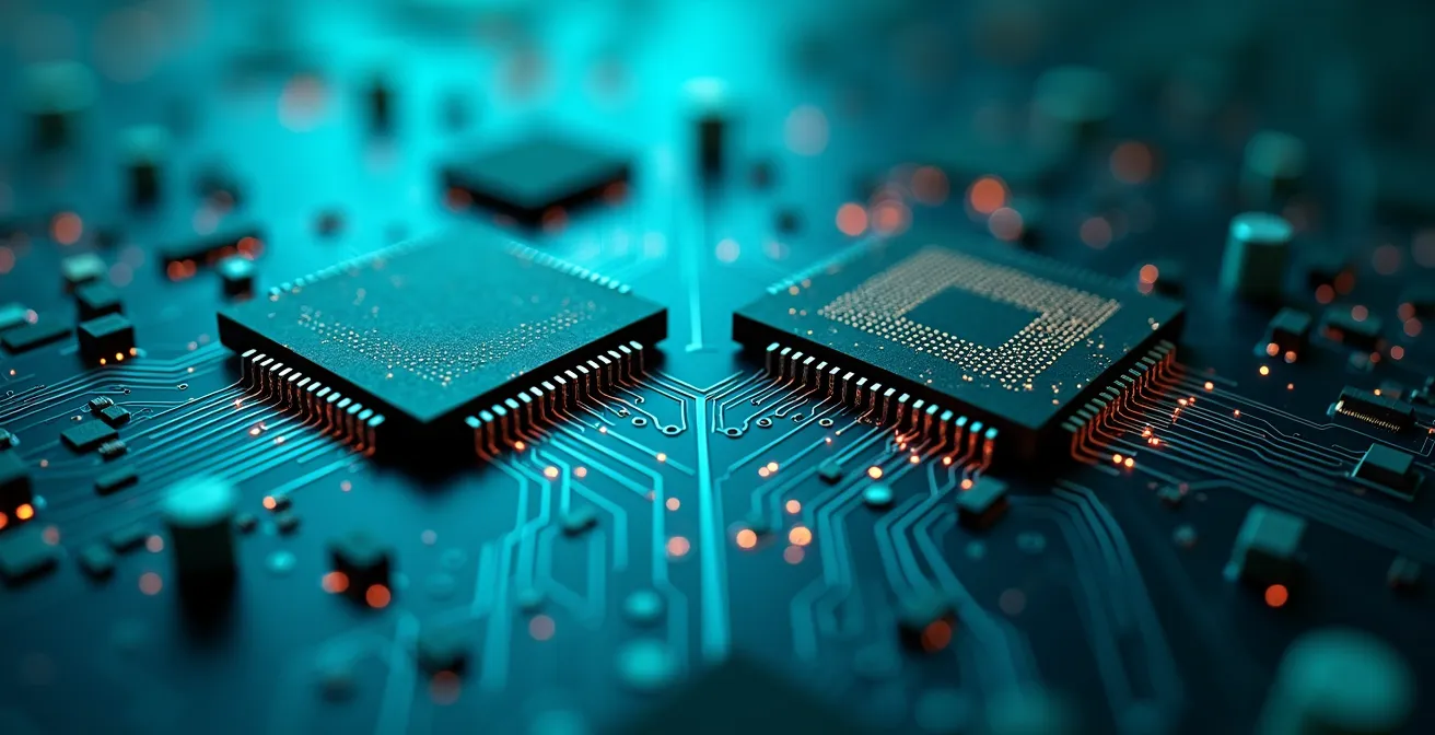 Vista macro de chips de memoria con diferentes patrones de flujo de datos, comparando la gestión de iOS y Android.