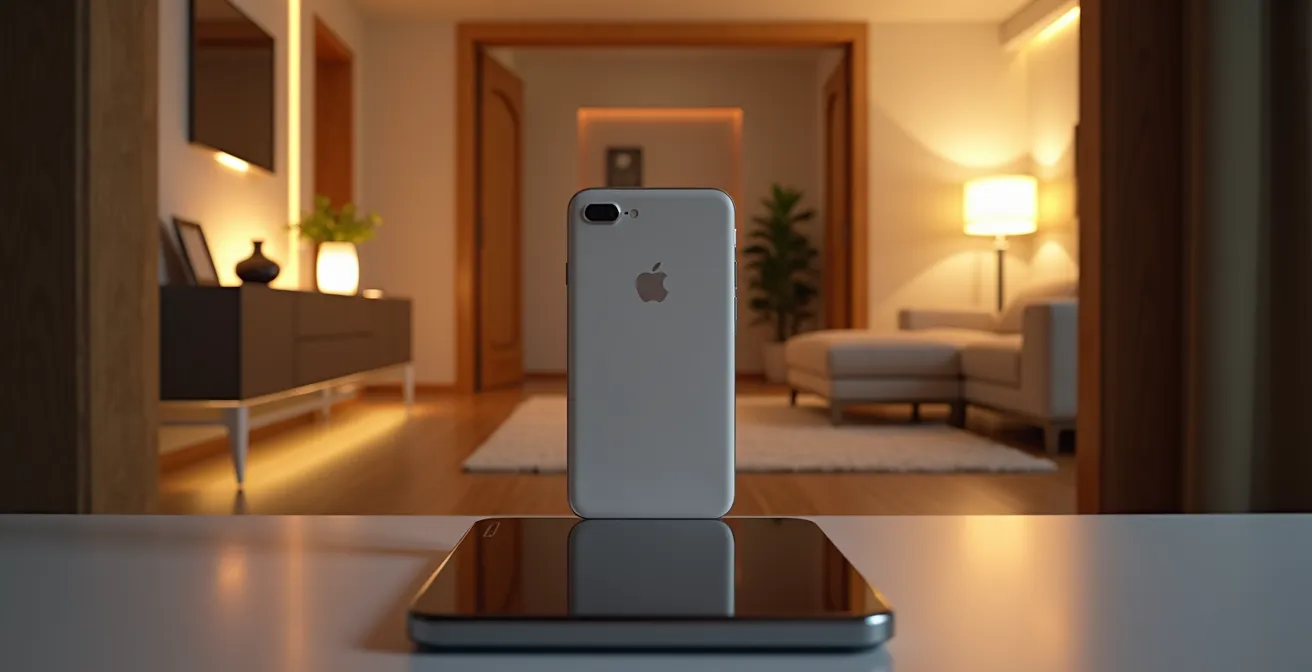 Hogar conectado con señales Wi-Fi y smartphone detectando ubicación