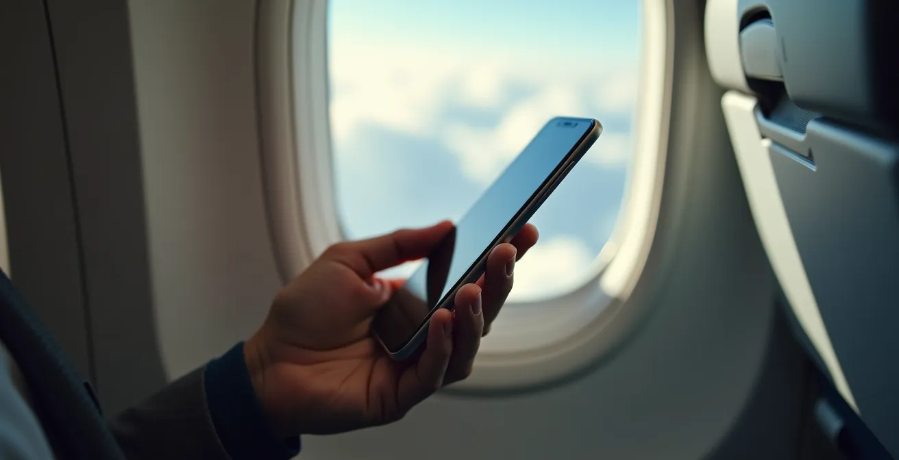 Mano sosteniendo smartphone en cabina de avión con ventanilla mostrando cielo