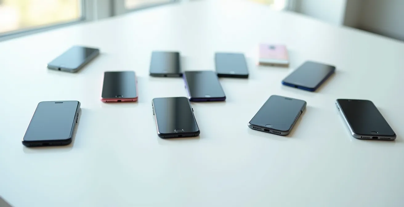 Vista aérea minimalista de un espacio de trabajo moderno con múltiples dispositivos móviles dispuestos geométricamente