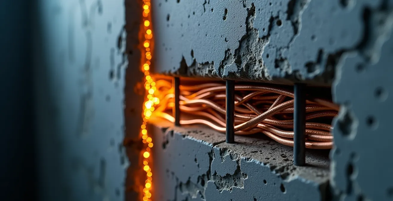 Sistema híbrido mesh y powerline atravesando muros de hormigón, mostrando cómo los datos viajan por el cableado eléctrico.