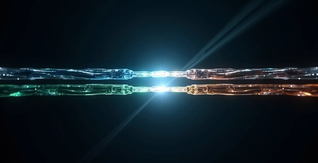 Representación visual abstracta de múltiples flujos de datos convergiendo en un punto central