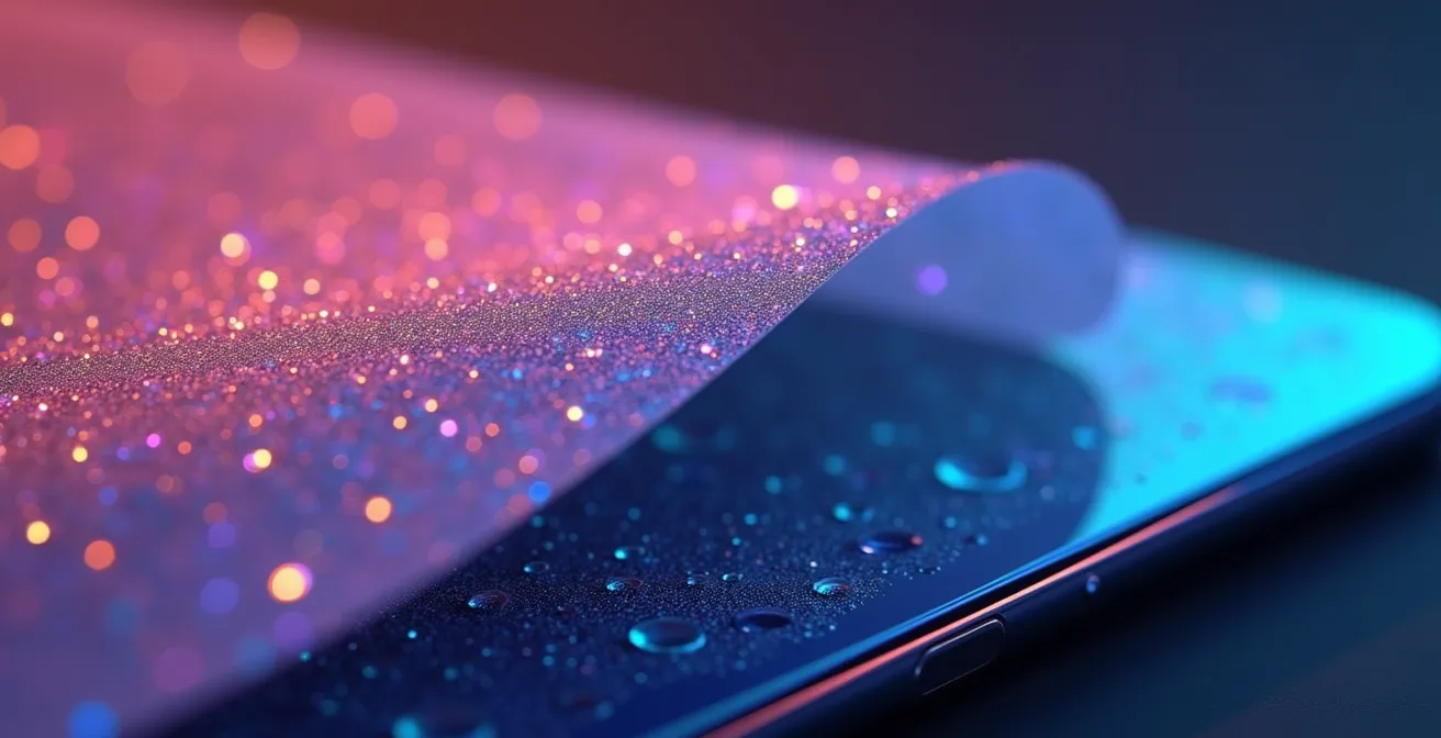 Detalle macro de la zona de pliegue en una pantalla AMOLED flexible mostrando la textura y reflexiones