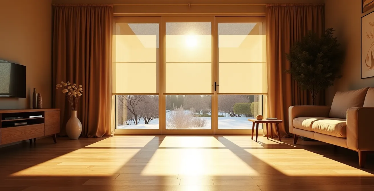 Persianas automatizadas abriéndose con luz solar entrando en un salón moderno, ilustrando la ganancia térmica pasiva.