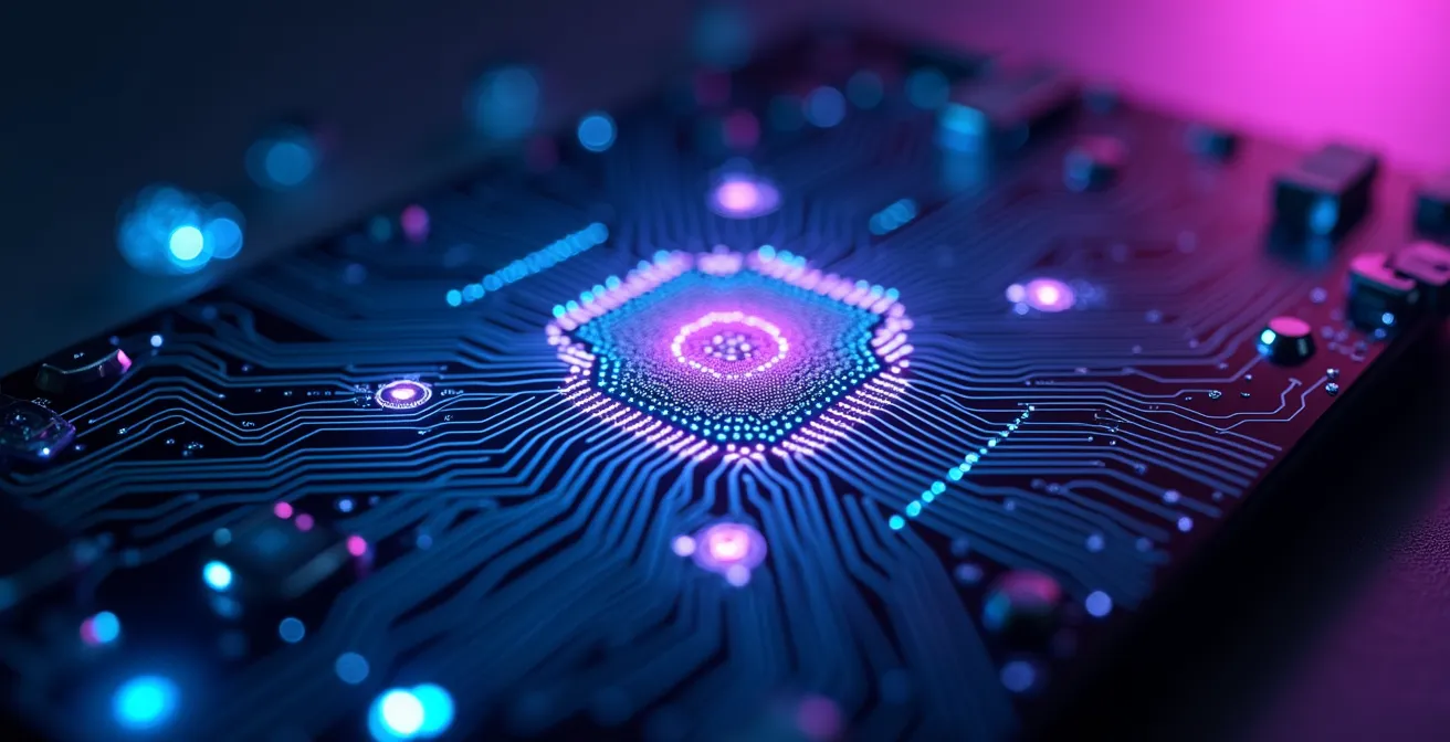 Representación futurista de un procesador móvil con una NPU para inteligencia artificial integrada.