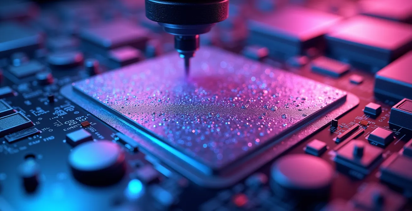 Vista macro extrema del proceso de litografía de semiconductores mostrando la escala nanométrica