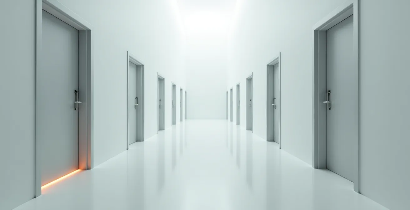 Vista amplia de pasillo minimalista con múltiples puertas cerradas convergiendo en un punto