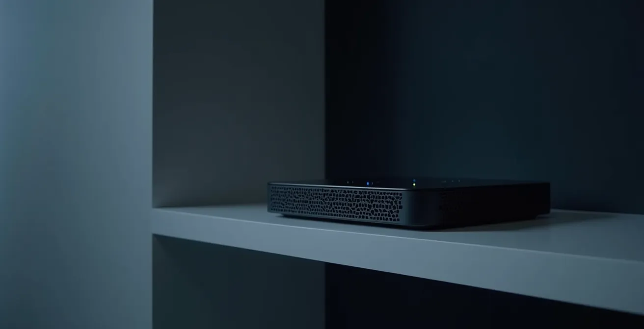 Vista minimalista de router moderno con luces LED abstractas en ambiente nocturno sereno
