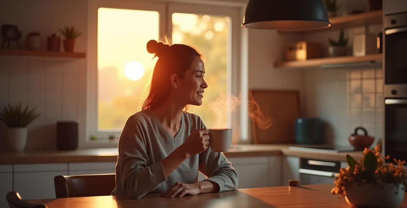 Escena matutina con dispositivos inteligentes activándose automáticamente