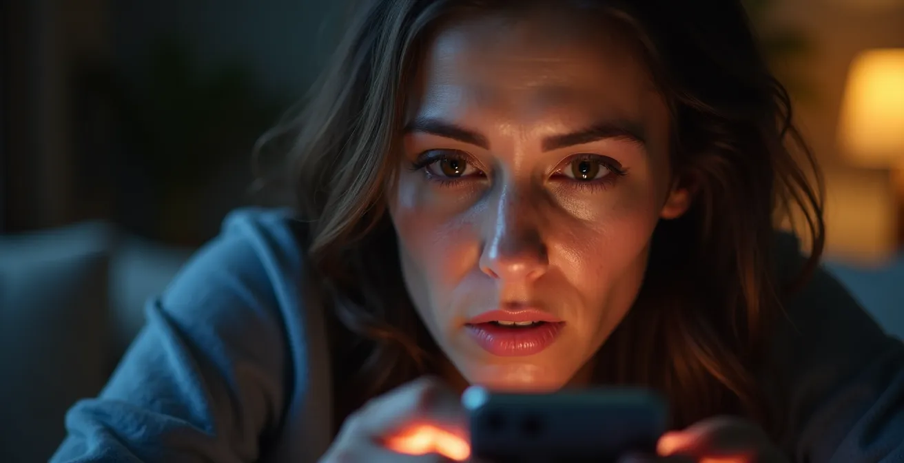 Retrato emotivo de persona concentrada usando móvil con iluminación dramática