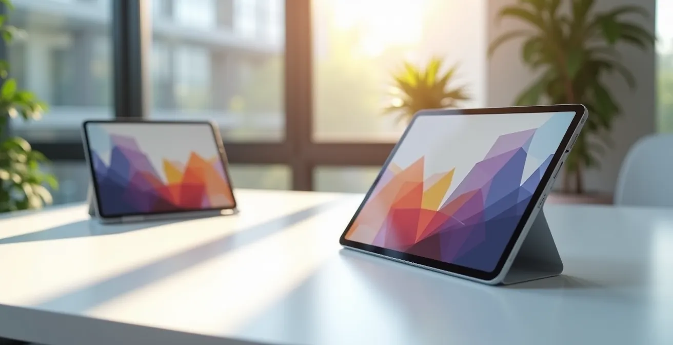 Comparación visual de dos tablets, una con una interfaz rica y optimizada y la otra con una interfaz de móvil estirada.