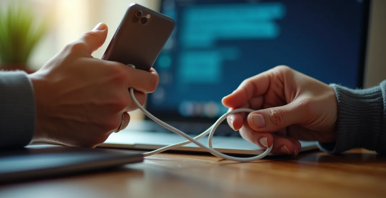 Manos sosteniendo un smartphone con un cable enredado y una computadora al fondo, simbolizando la fricción tecnológica.
