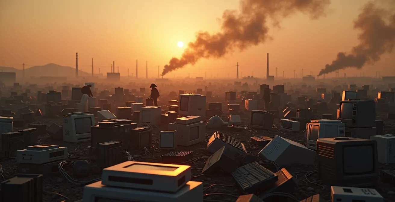 Vista aérea de un vertedero de residuos electrónicos con humo y trabajadores en condiciones precarias
