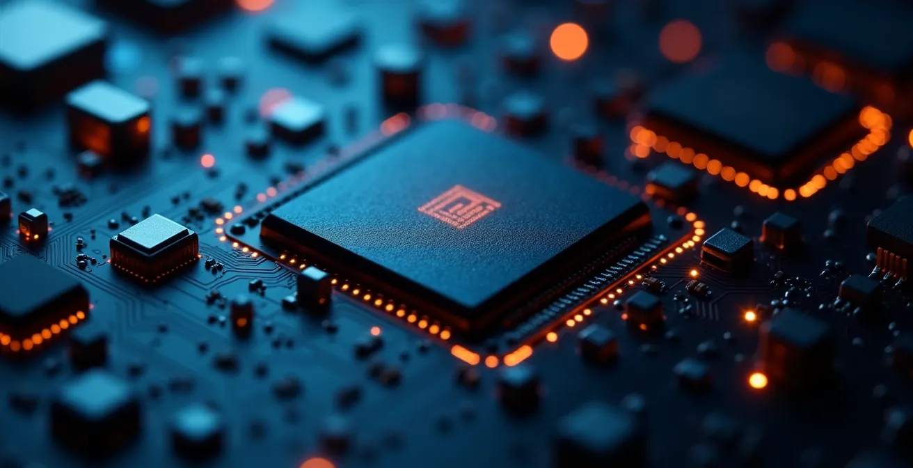 Detalle macro de circuitos internos de smartphone con efectos de luz representando consumo energético